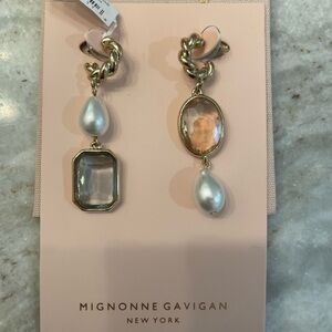 Gorgeous statement earrings with genuine topaz and pearl stones with gold detail